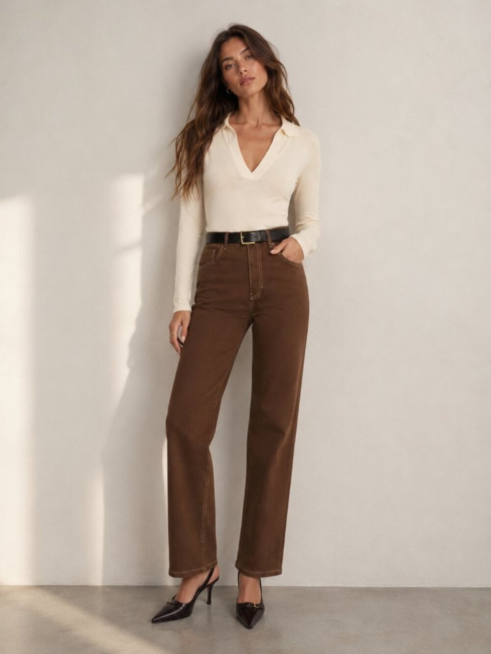 REFORMATION Cowboy High Rise Straight Jeans in Chocolate Brown